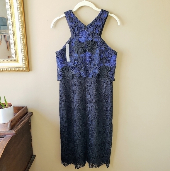 Trina Turk Miranda Blue Black Guipure Lace Sheath Cocktail Dress Size 2 New - Picture 5 of 14